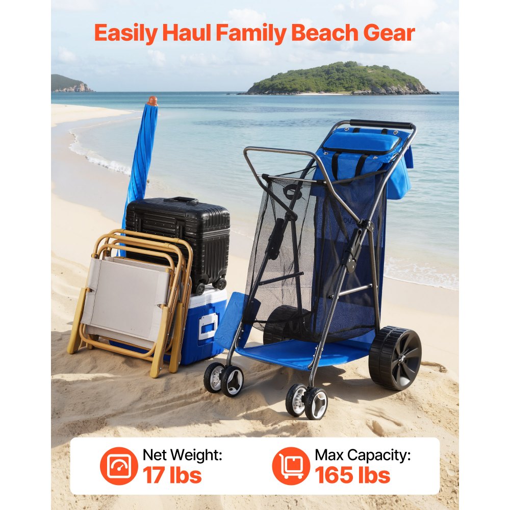 VEVOR Beach Cart with Large Wheels for Sand, 165 lbs Load Capacity, Heavy Duty Folding Beach Wagon with 10" Solid Wheels, Insulated Cooler Bag, Umbrella Holder, Holds 4 Chairs for Camping & Fishing
