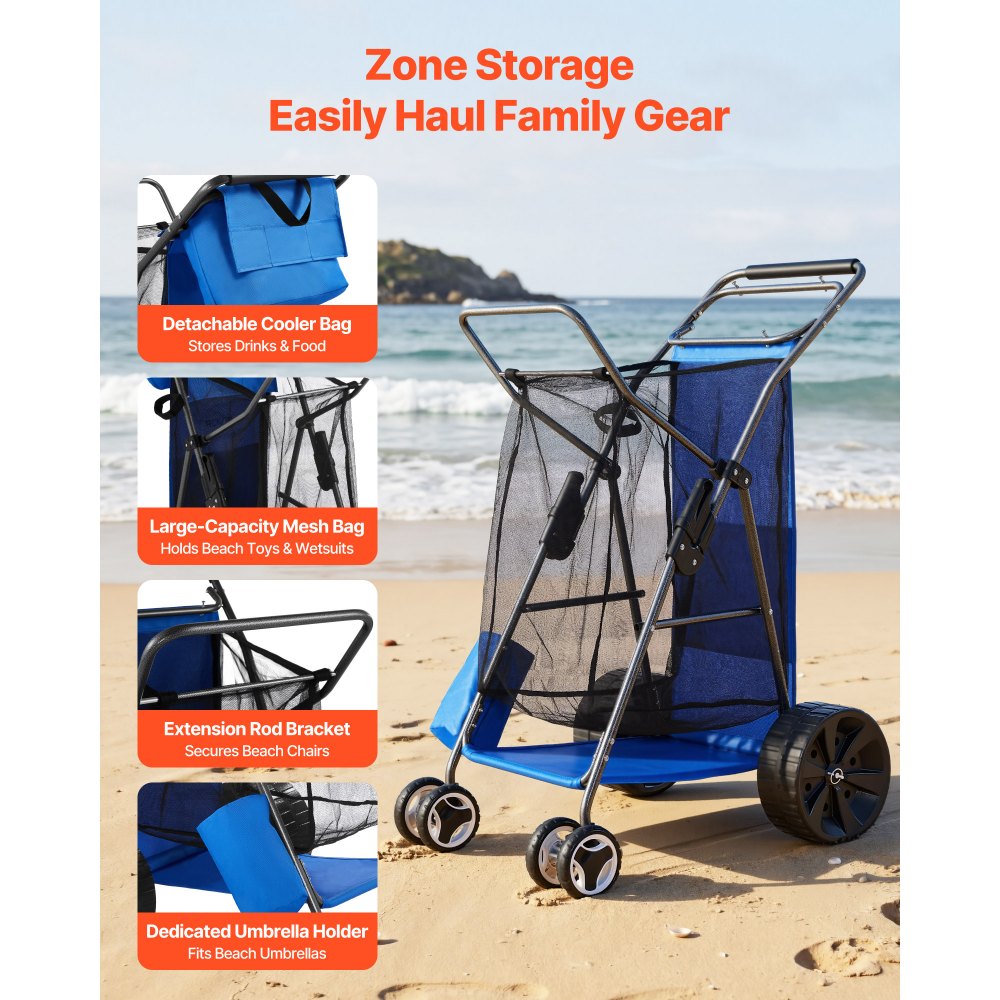 VEVOR Beach Cart with Large Wheels for Sand, 165 lbs Load Capacity, Heavy Duty Folding Beach Wagon with 10" Solid Wheels, Insulated Cooler Bag, Umbrella Holder, Holds 4 Chairs for Camping & Fishing