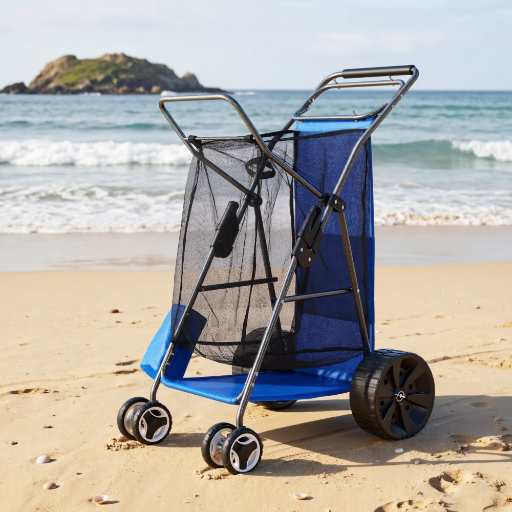 VEVOR Beach Cart with Large Wheels for Sand, 165 lbs Load Capacity, Heavy Duty Folding Beach Wagon with 10" Solid Wheels, Insulated Cooler Bag, Umbrella Holder, Holds 4 Chairs for Camping & Fishing