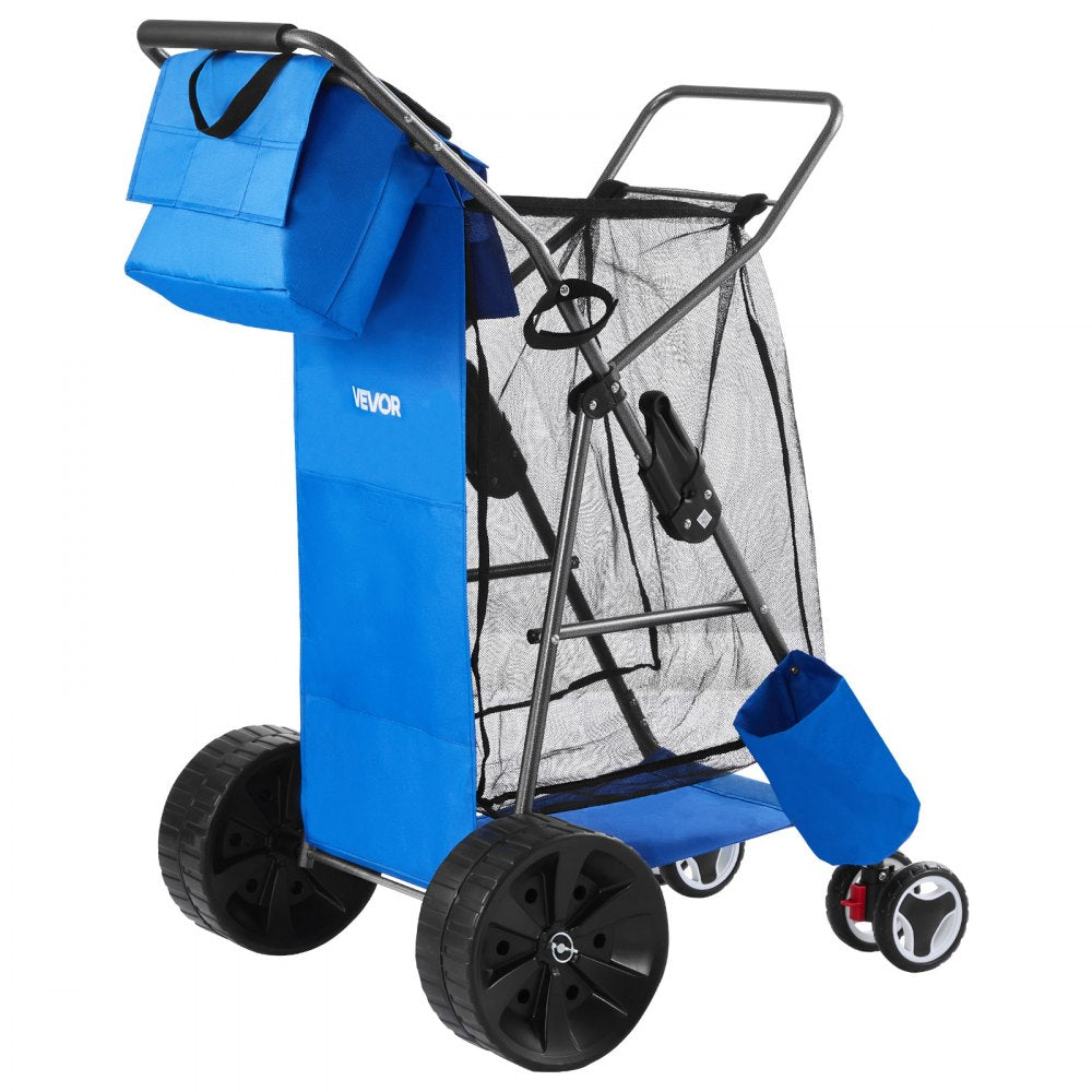 VEVOR Beach Cart with Large Wheels for Sand, 165 lbs Load Capacity, Heavy Duty Folding Beach Wagon with 10" Solid Wheels, Insulated Cooler Bag, Umbrella Holder, Holds 4 Chairs for Camping & Fishing