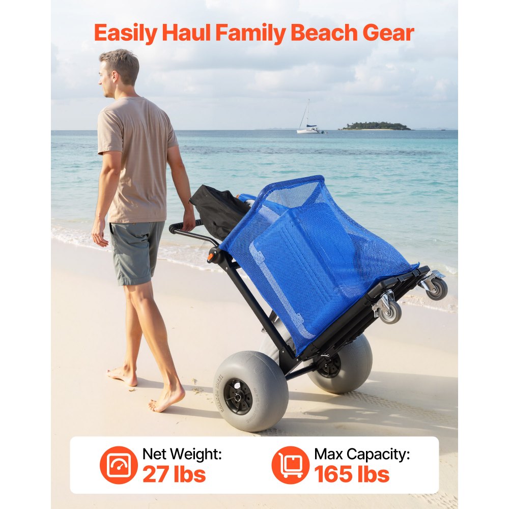 VEVOR Beach Cart with Large Wheels for Sand, 165 lbs Load Capacity, Heavy Duty Folding Beach Wagon with 12" Balloon Wheels, Storage Bag, 180° Adjustable Handlebar, Dolly for Camping Fishing Garden