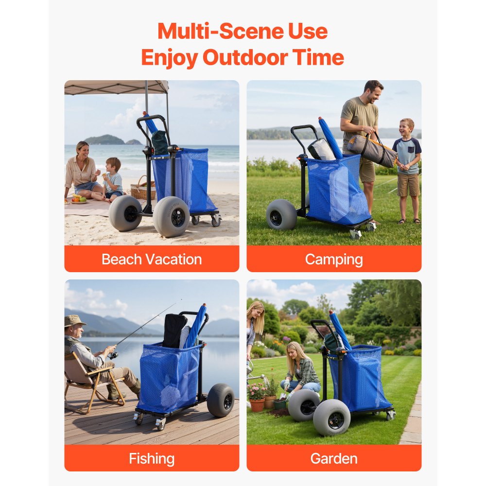 VEVOR Beach Cart with Large Wheels for Sand, 165 lbs Load Capacity, Heavy Duty Folding Beach Wagon with 12" Balloon Wheels, Storage Bag, 180° Adjustable Handlebar, Dolly for Camping Fishing Garden