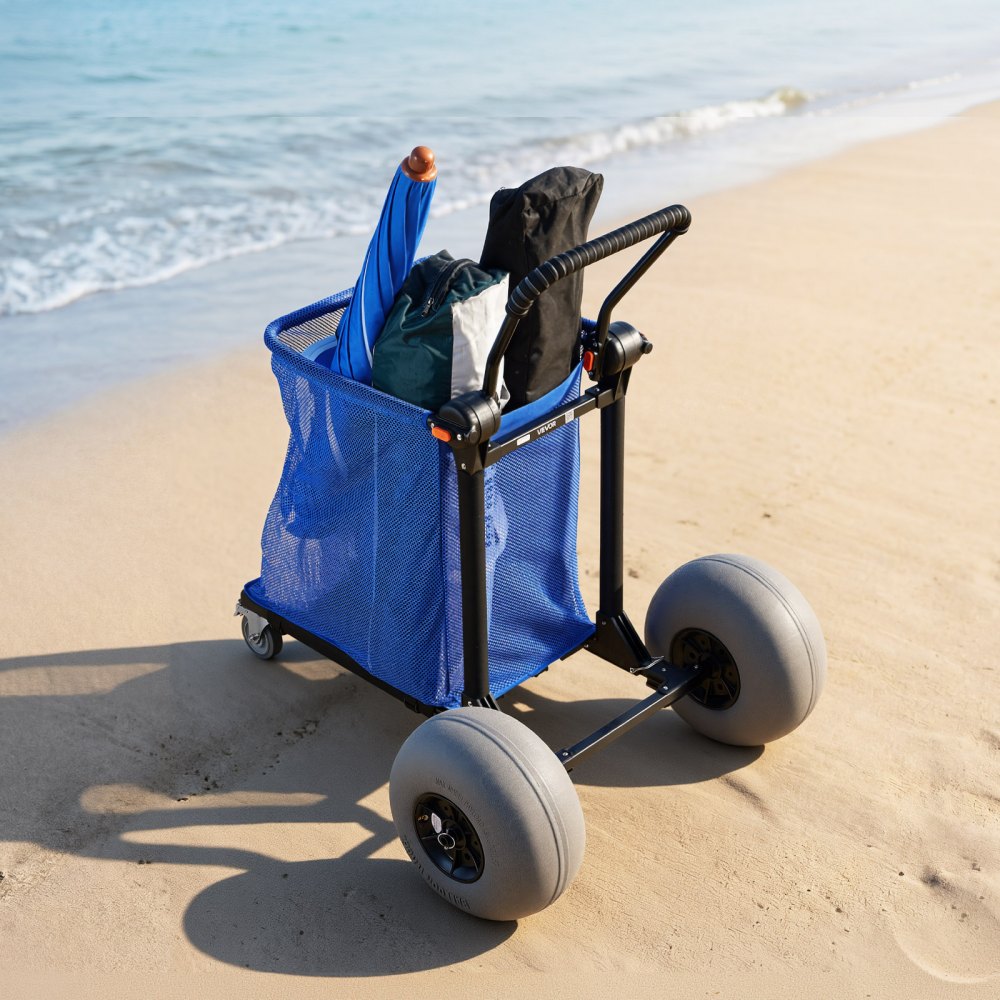 VEVOR Beach Cart with Large Wheels for Sand, 165 lbs Load Capacity, Heavy Duty Folding Beach Wagon with 12" Balloon Wheels, Storage Bag, 180° Adjustable Handlebar, Dolly for Camping Fishing Garden