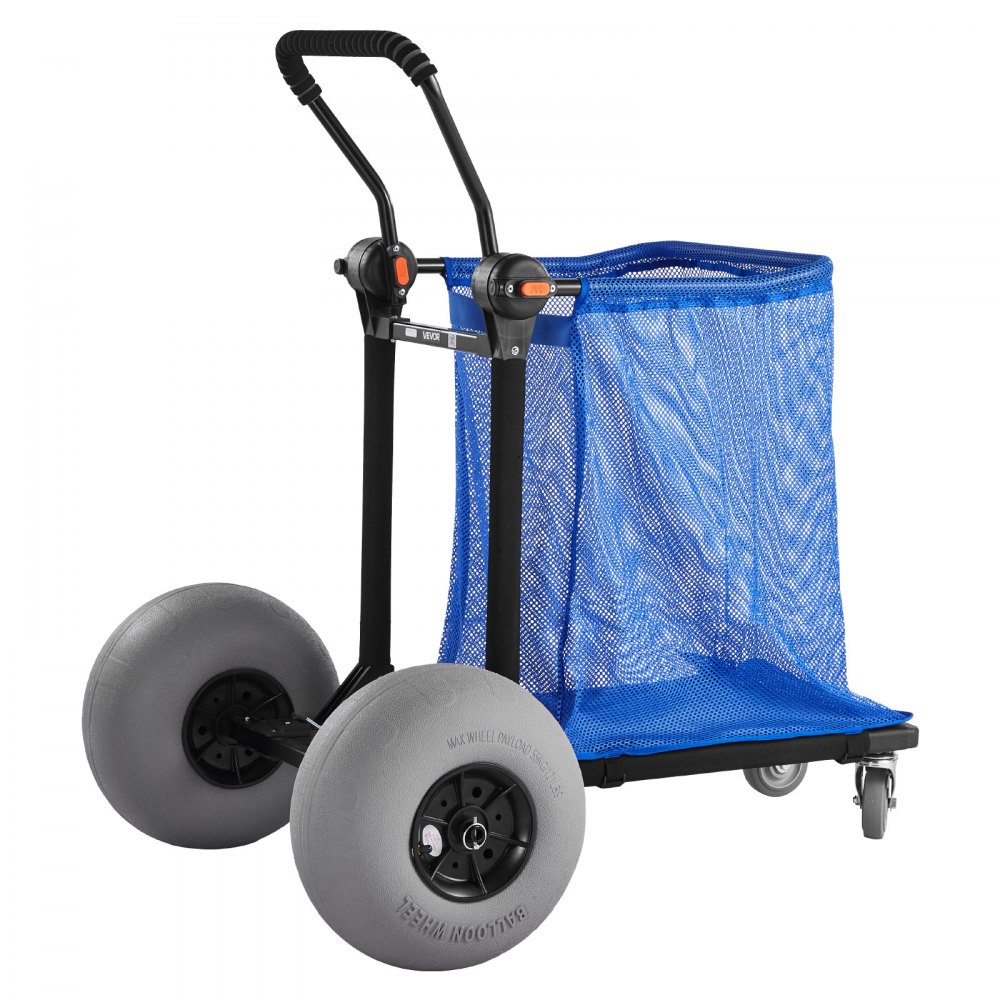 VEVOR Beach Cart with Large Wheels for Sand, 165 lbs Load Capacity, Heavy Duty Folding Beach Wagon with 12" Balloon Wheels, Storage Bag, 180° Adjustable Handlebar, Dolly for Camping Fishing Garden