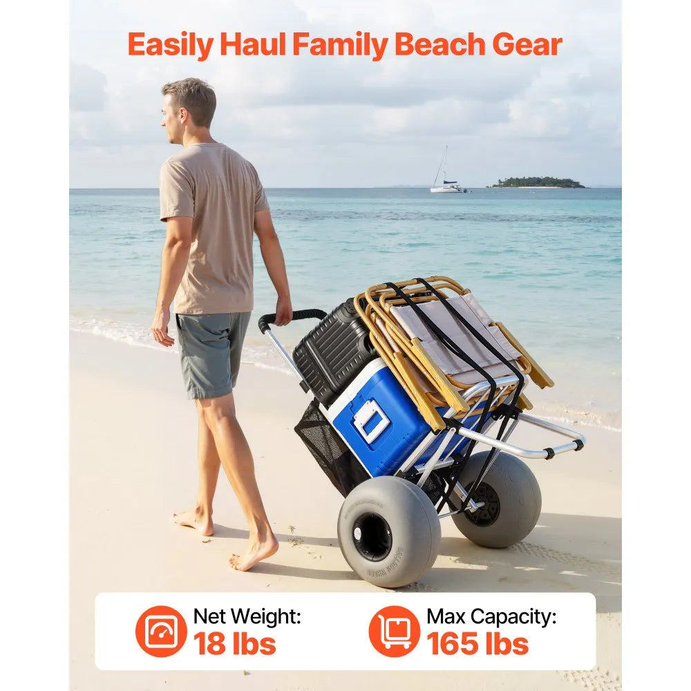 VEVOR Beach Dolly with Big Wheels for Sand, 20" x 15" Cargo Deck, Folding Sand Cart with 12" Balloon Wheels, 165 lbs Loading Capacity & 34" to 46" Adjustable Height, Heavy Duty Cart for Beach Camping