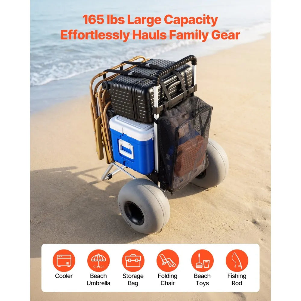 VEVOR Beach Dolly with Big Wheels for Sand, 20" x 15" Cargo Deck, Folding Sand Cart with 12" Balloon Wheels, 165 lbs Loading Capacity & 34" to 46" Adjustable Height, Heavy Duty Cart for Beach Camping