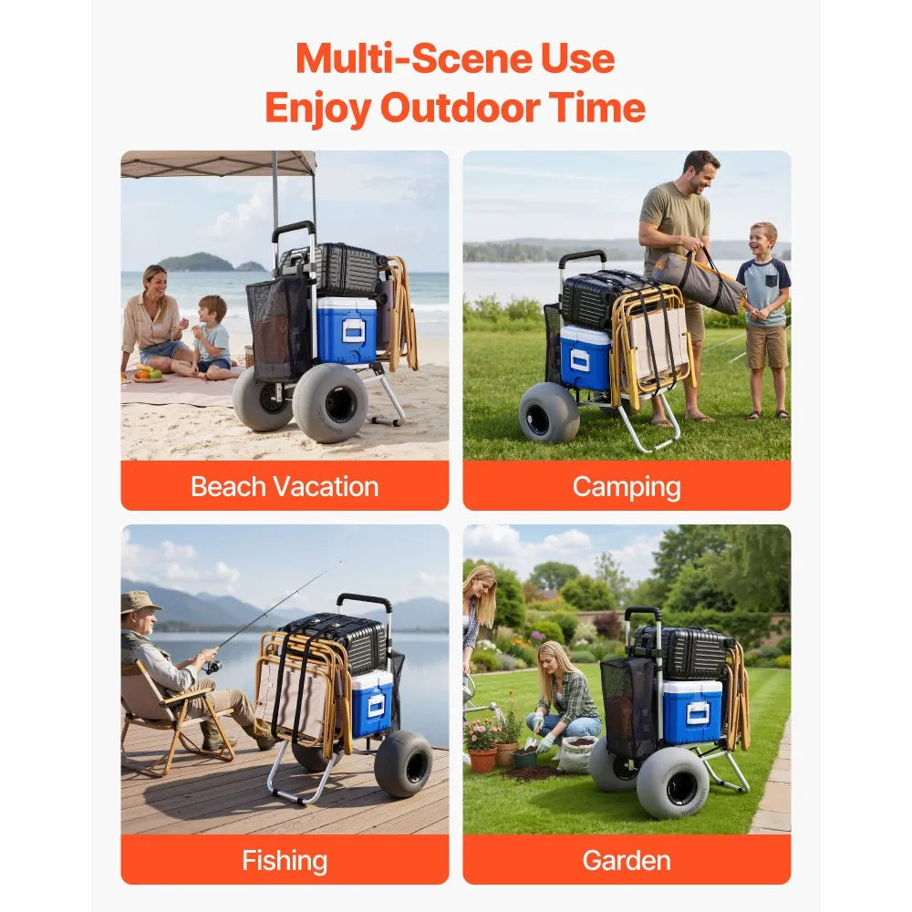 VEVOR Beach Dolly with Big Wheels for Sand, 20" x 15" Cargo Deck, Folding Sand Cart with 12" Balloon Wheels, 165 lbs Loading Capacity & 34" to 46" Adjustable Height, Heavy Duty Cart for Beach Camping