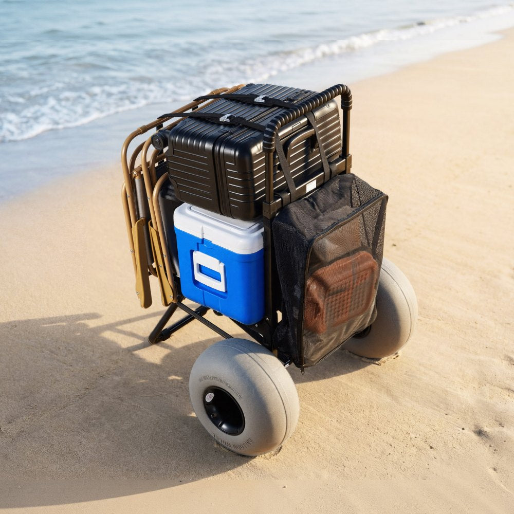 VEVOR Beach Dolly with Big Wheels for Sand, 18" x 15" Cargo Deck, Folding Sand Cart with 12" Balloon Wheels, 165 lbs Loading Capacity & 34" to 45" Adjustable Height, Heavy Duty Cart for Beach Camping