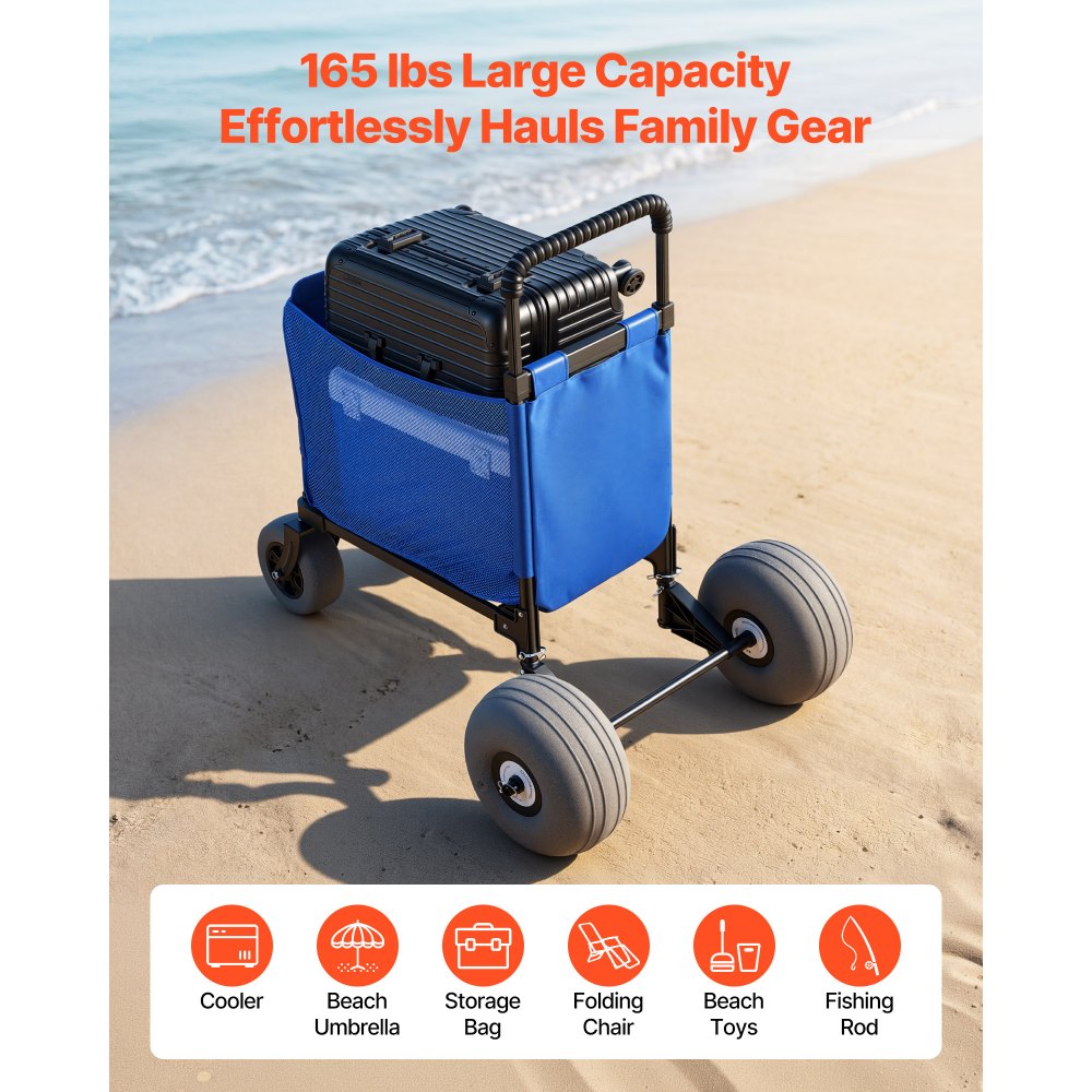 VEVOR Beach Cart with Large Wheels for Sand 165 lbs Load Capacity Heavy Duty Folding Beach Wagon with 12