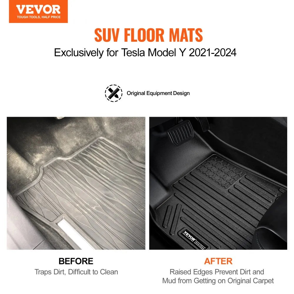 VEVOR Automotive Floor Mats, Fits for Tesla Model Y 2021-2024, 3 pcs Front and 2nd Row Liners, All Weather Custom Fit TPE Vehicle Floor Mats, Easy to Clean and Secure Floor Liners for SUV, Black