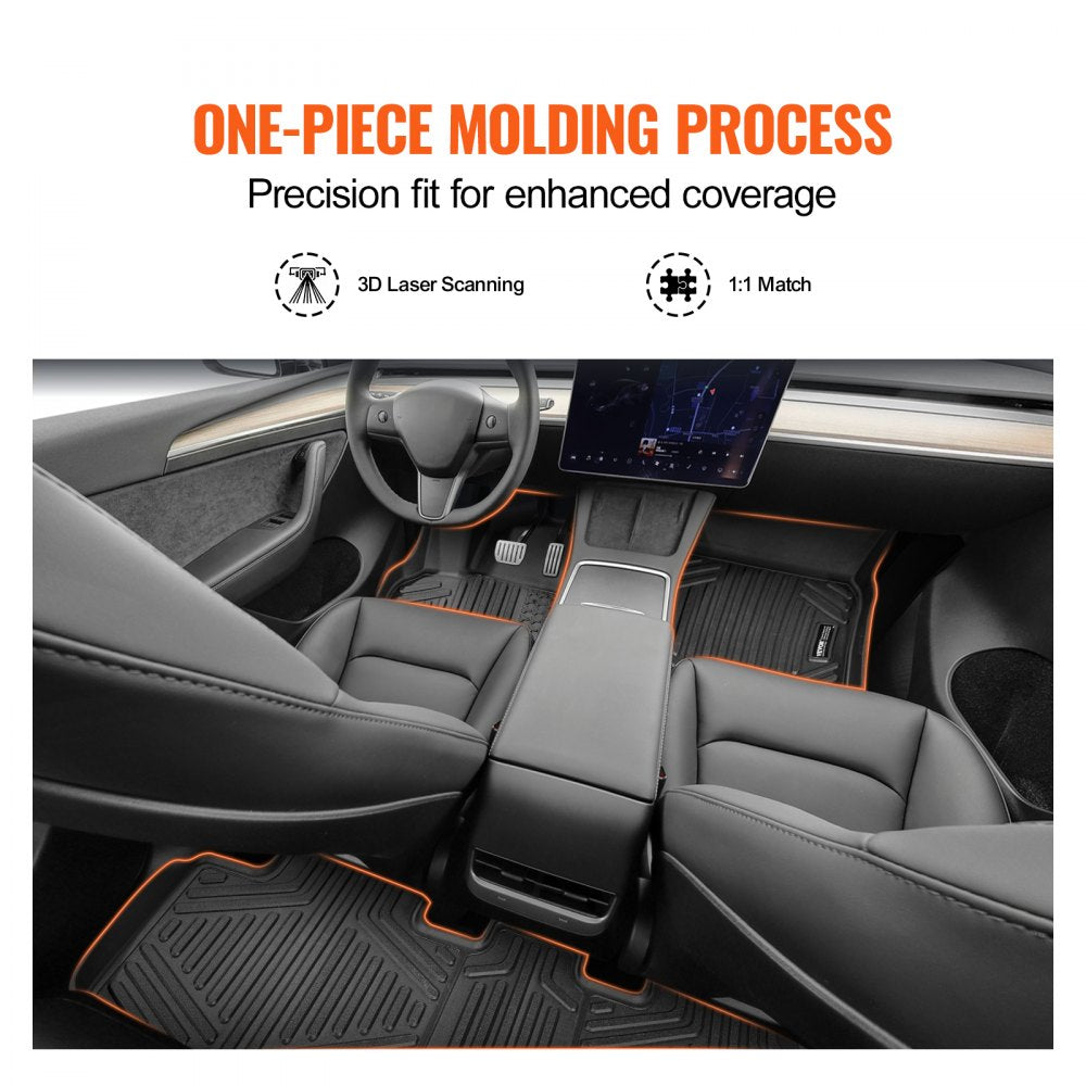 VEVOR Automotive Floor Mats, Fits for Tesla Model Y 2021-2024, 3 pcs Front and 2nd Row Liners, All Weather Custom Fit TPE Vehicle Floor Mats, Easy to Clean and Secure Floor Liners for SUV, Black