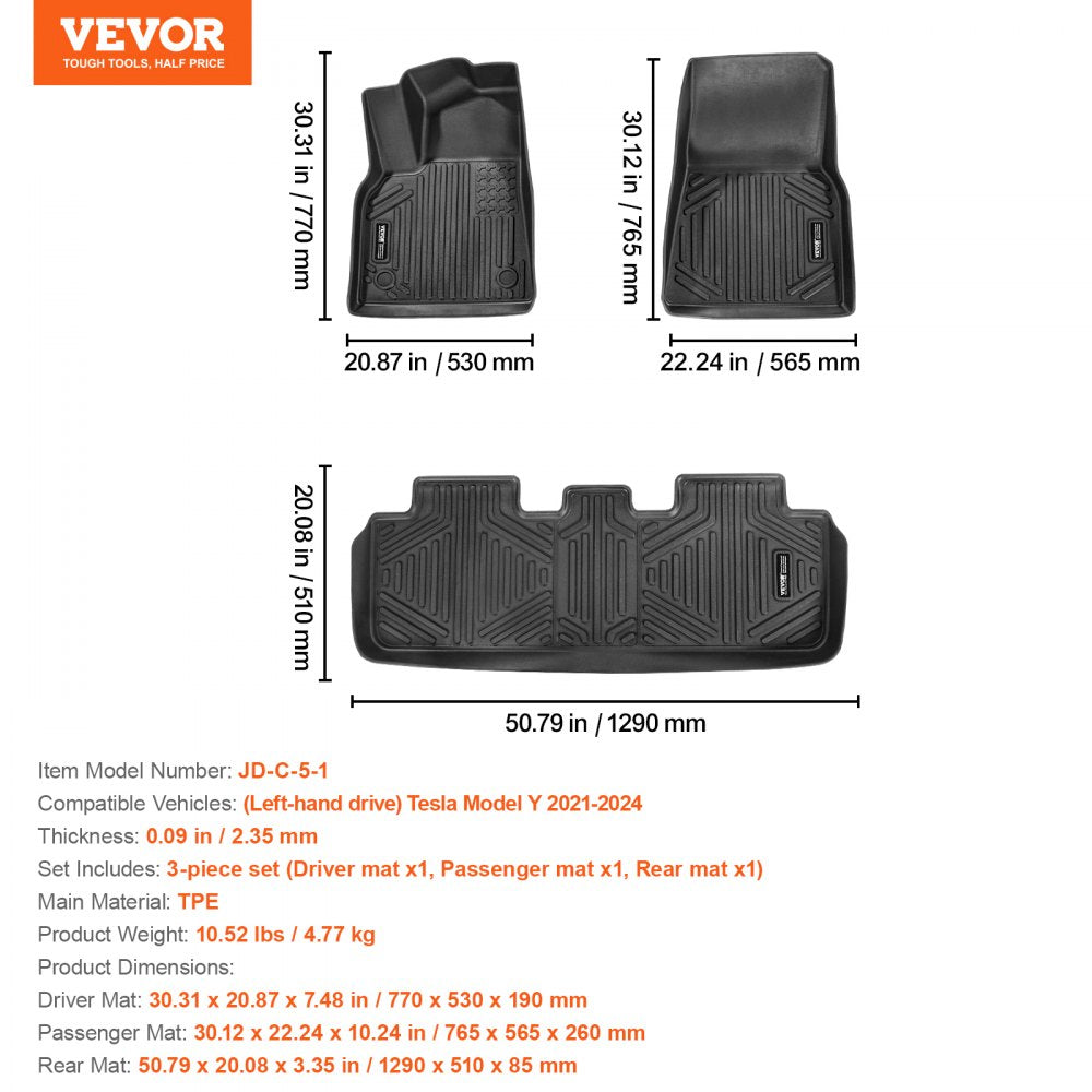 VEVOR Automotive Floor Mats, Fits for Tesla Model Y 2021-2024, 3 pcs Front and 2nd Row Liners, All Weather Custom Fit TPE Vehicle Floor Mats, Easy to Clean and Secure Floor Liners for SUV, Black