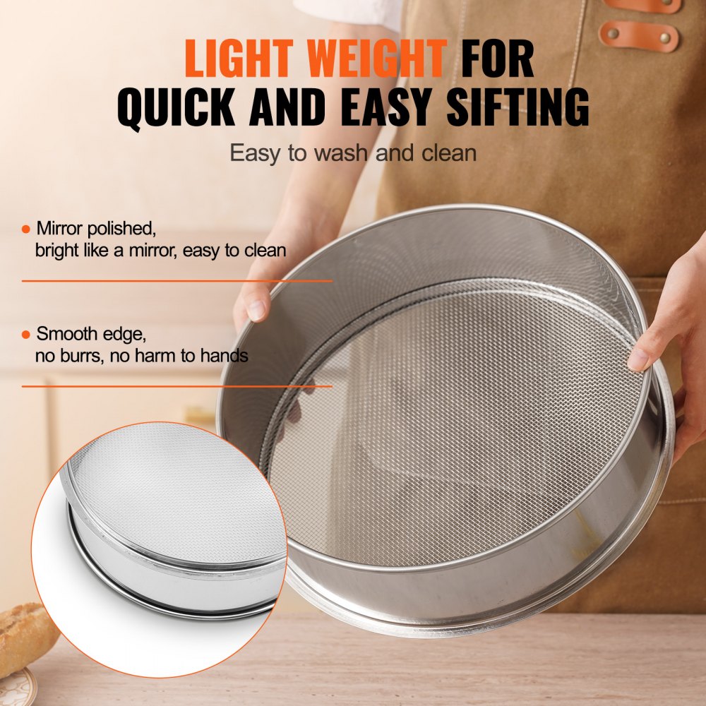 VEVOR Flour Sieve Fine Mesh, 12 Mesh Flour Sifter, 304 Stainless Steel Fine Mesh Sifter Food-grade, Dia. 12.6" Fine Mesh Strainers for Baking, 5 Sizes Mesh hole for Mungbean, Rice, Flour, Pearl Powder