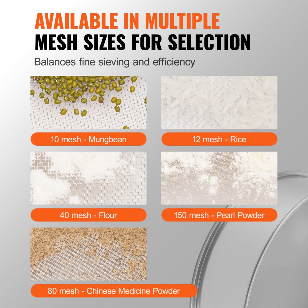 VEVOR Flour Sieve Fine Mesh, 40 Mesh Flour Sifter, 304 Stainless Steel Fine Mesh Sifter Food-grade, Dia. 12.6" Fine Mesh Strainers for Baking, 5 Sizes Mesh hole for Mungbean, Rice, Flour, Pearl Powder