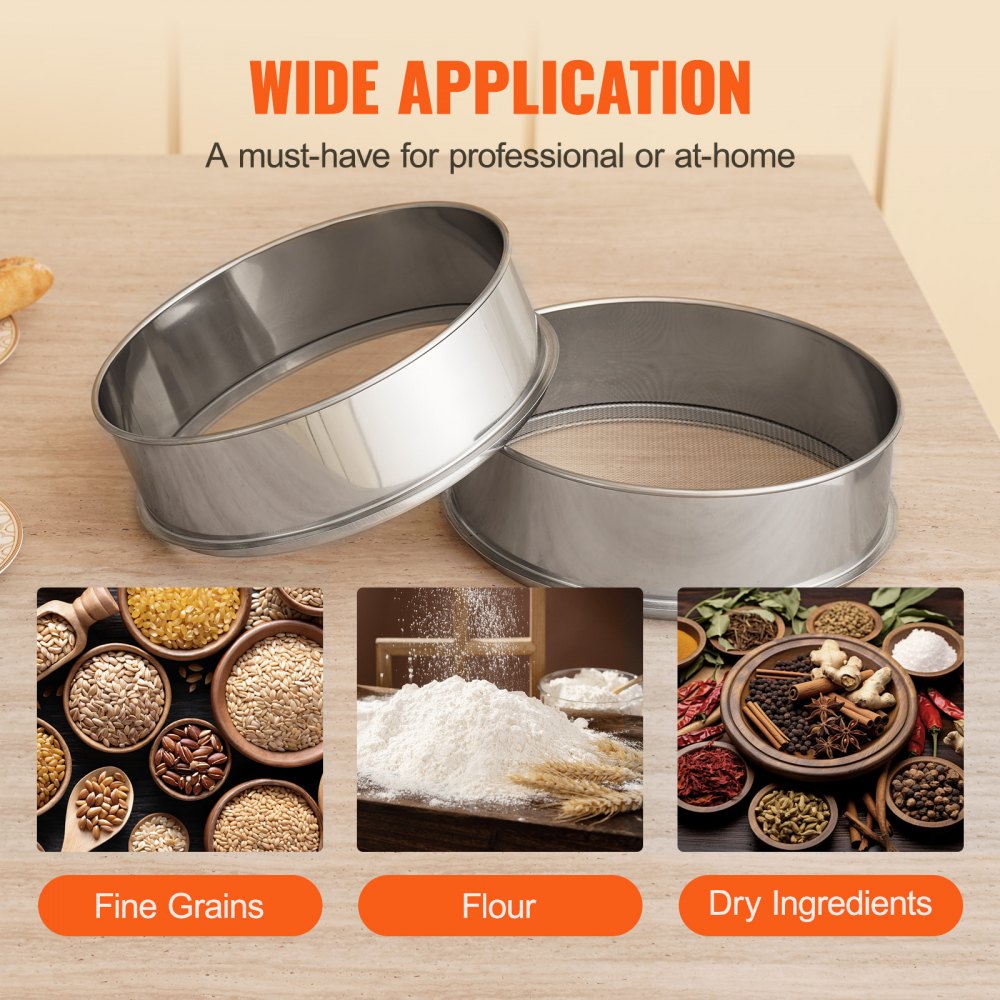 VEVOR Flour Sieve Fine Mesh, 40 Mesh Flour Sifter, 304 Stainless Steel Fine Mesh Sifter Food-grade, Dia. 12.6" Fine Mesh Strainers for Baking, 5 Sizes Mesh hole for Mungbean, Rice, Flour, Pearl Powder