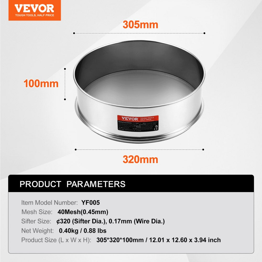 VEVOR Flour Sieve Fine Mesh, 40 Mesh Flour Sifter, 304 Stainless Steel Fine Mesh Sifter Food-grade, Dia. 12.6" Fine Mesh Strainers for Baking, 5 Sizes Mesh hole for Mungbean, Rice, Flour, Pearl Powder