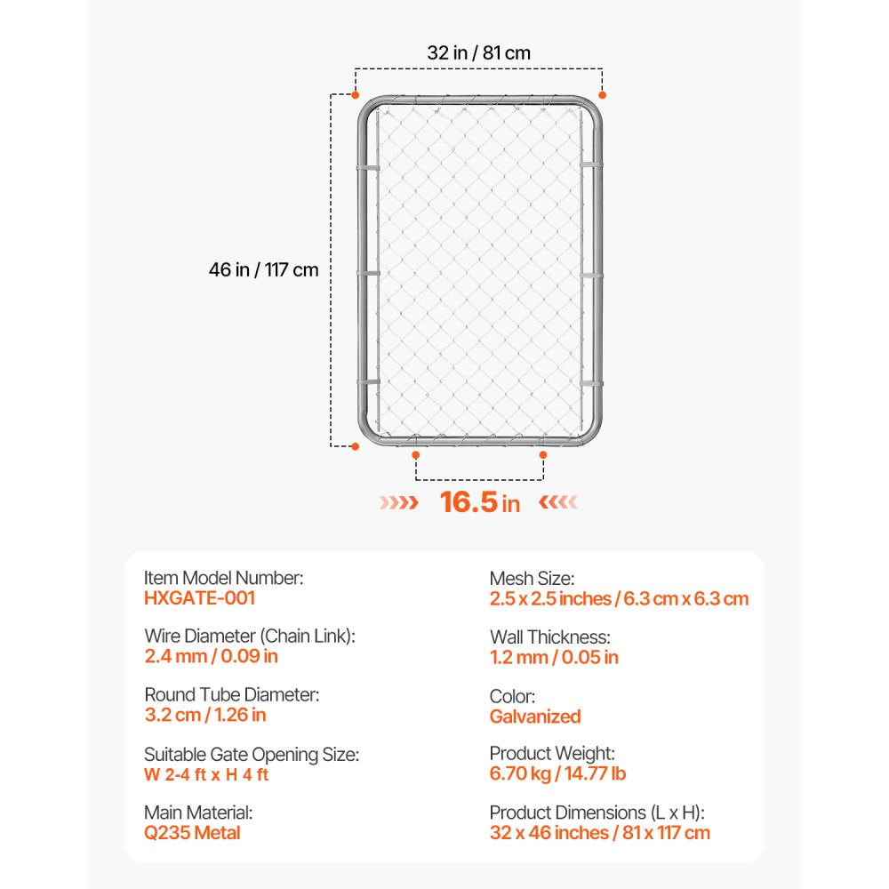 VEVOR Chain Link Fence Gate, 32 x 46 in, Adjustable Chain Link Fence Panel, Fit 2-4 ft (W) x 4 ft (H) Garden Fence Gate Opening, Rust-Resistant Galvanized Fencing Gate for Farm Posts Not Included
