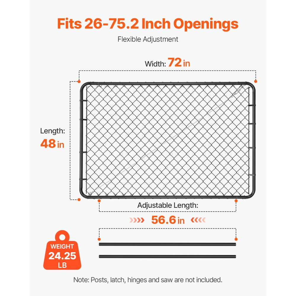 VEVOR Chain Link Fence Gate, 72 x 46 in, Adjustable Chain Link Fence Panel, Fit 2.2-6 ft (W) x 6 ft (H) Garden Fence Gate Opening, Fencing Gate with Plastic Coating, for Farm Black, Posts Not Included