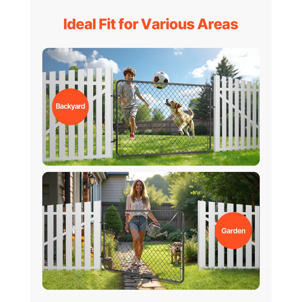 VEVOR Chain Link Fence Gate, 72 x 46 in, Adjustable Chain Link Fence Panel, Fit 2.2-6 ft (W) x 6 ft (H) Garden Fence Gate Opening, Fencing Gate with Plastic Coating, for Farm Black, Posts Not Included
