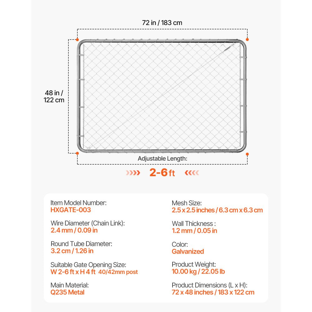 VEVOR Chain Link Fence Gate, 72 x 48 in, Adjustable Chain Link Fence Panel, Fit 2.2-6 ft (W) x 6 ft (H) Garden Fence Gate Opening, Rust-Resistant Galvanized Fencing Gate for Farm, Posts Not Included