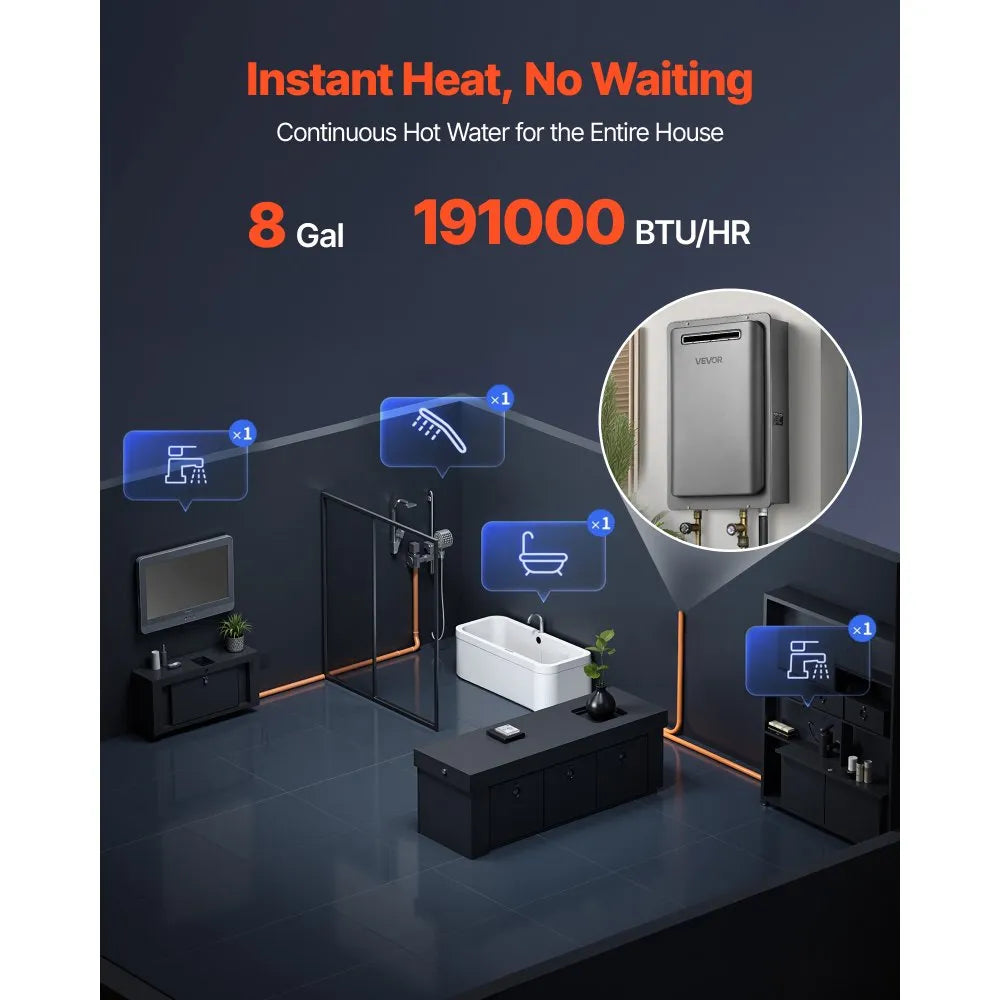 VEVOR Propane Tankless Water Heater - Instant Heat No Waiting Graphic