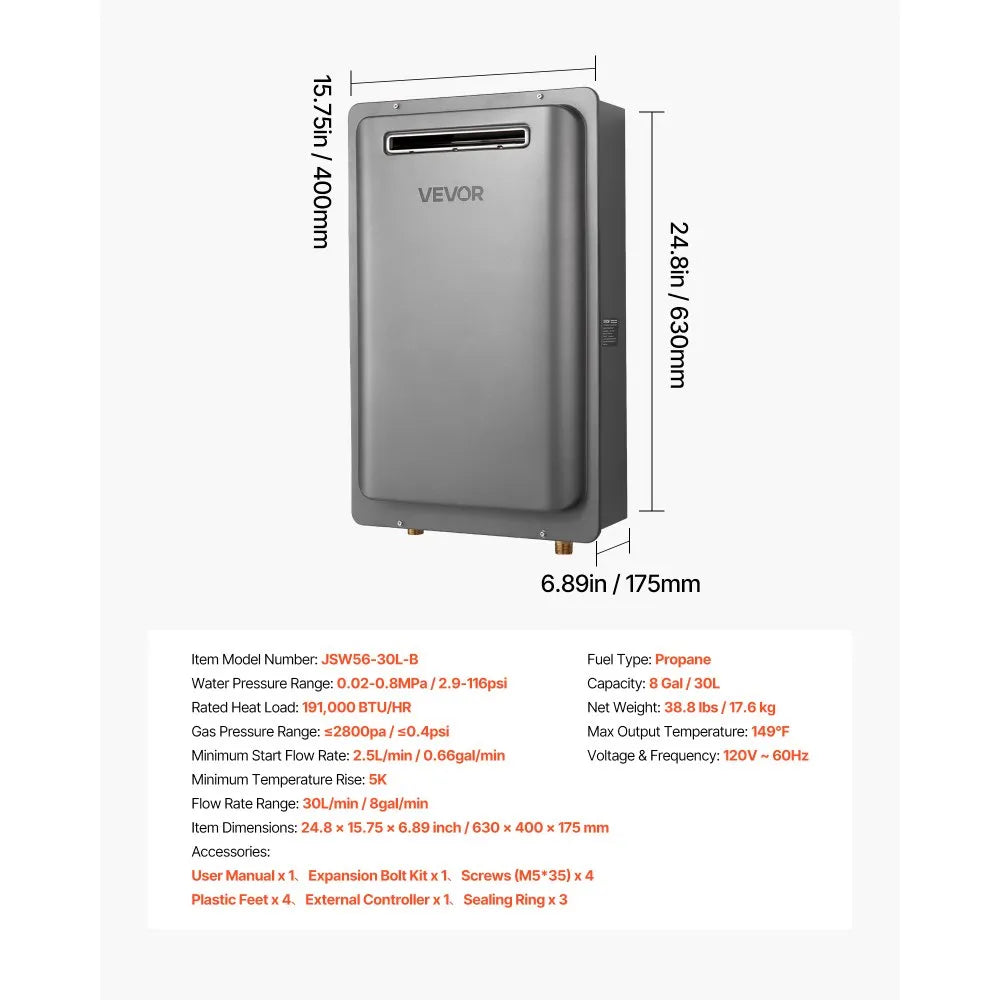 VEVOR Propane Tankless Water Heater - Dimensions and Specifications Graphic