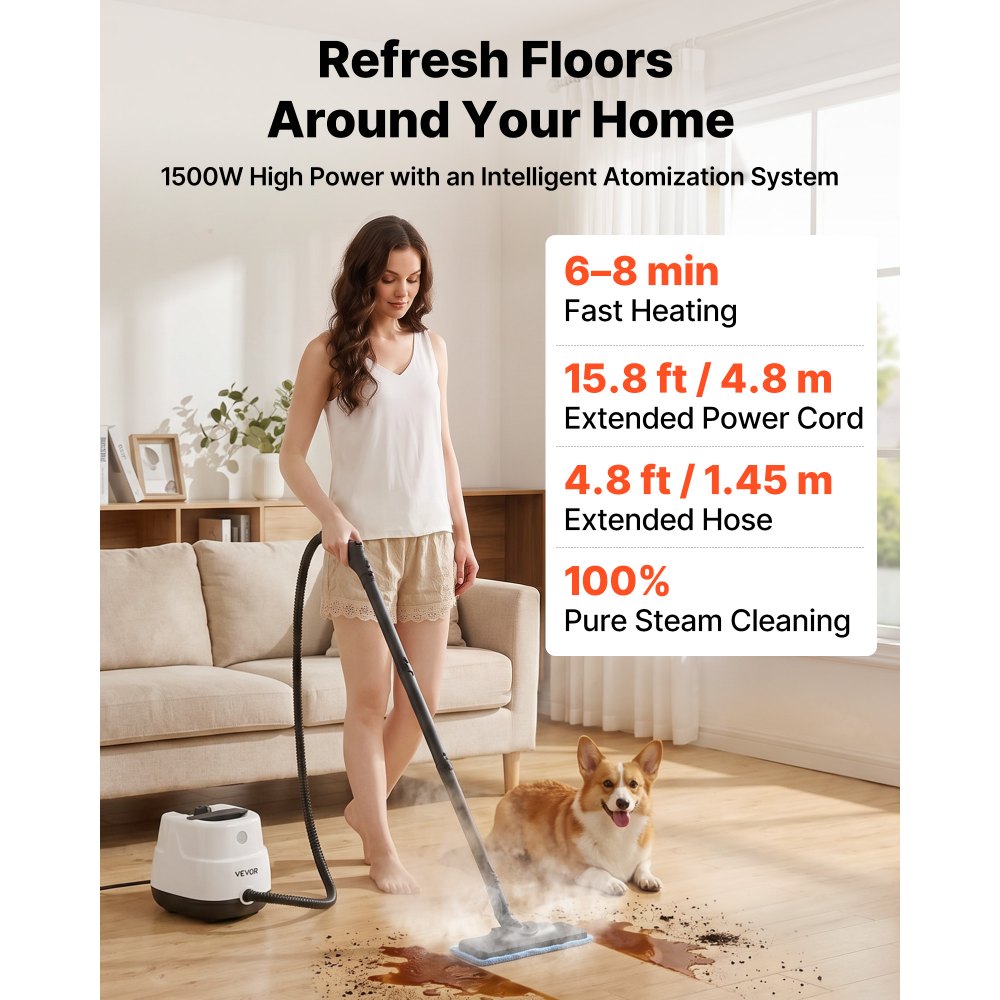 VEVOR Steam Cleaner, 34 oz Tank, Steamer for Cleaning with 20 Accessories, Extended Power Cord and Hose, Portable Handle, Fast Heating, Powerful Canister Steam Cleaner for Home, Car Detailing, Floors