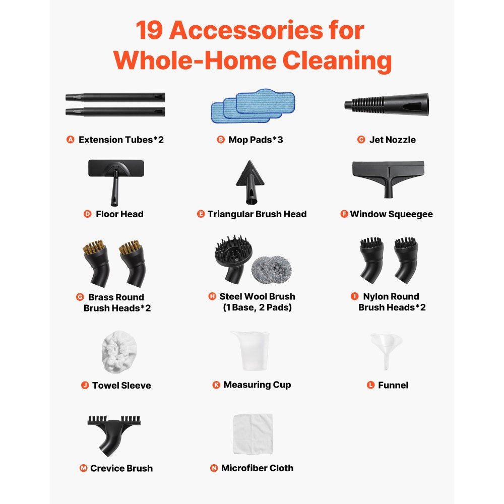 VEVOR Steam Cleaner, 51 oz Tank, Steamer for Cleaning with 19 Accessories, Extended Power Cord and Hose, Portable Handle, Fast Heating, Powerful Canister Steam Cleaner for Home, Car Detailing, Floors