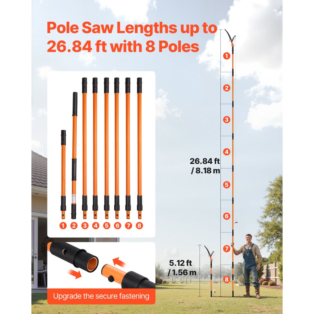 VEVOR Manual Pole Saw, 4.46-26.4 ft Extendable Tree Pruner with Scissors, Sharp 65Mn Steel Blade, Lightweight Fiberglass Handle Pole, Two Double-Hook Saws, for High Branch Trimming, Palms and Shrubs