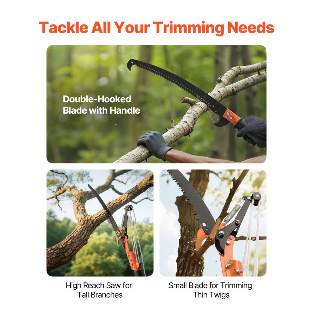 VEVOR Manual Pole Saw, 4.46-26.4 ft Extendable Tree Pruner with Scissors, Sharp 65Mn Steel Blade, Lightweight Fiberglass Handle Pole, Two Double-Hook Saws, for High Branch Trimming, Palms and Shrubs
