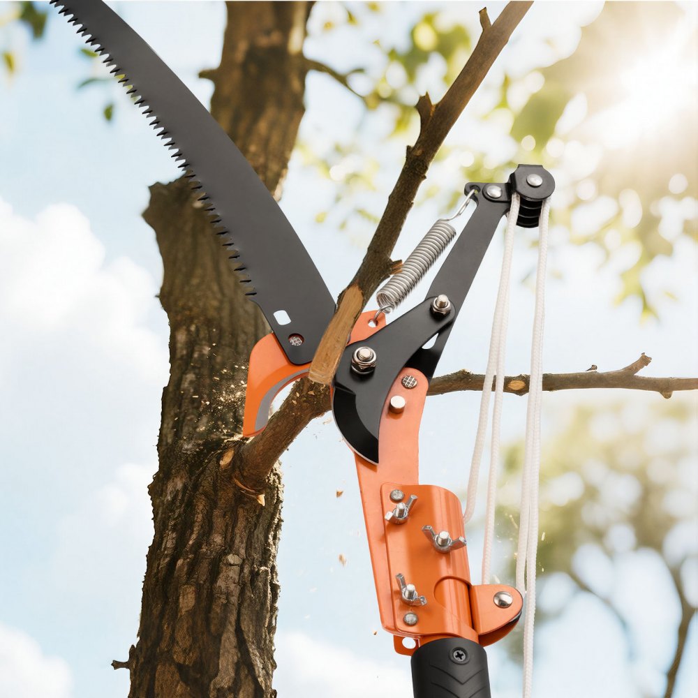 VEVOR Manual Pole Saw, 4.46-26.4 ft Extendable Tree Pruner with Scissors, Sharp 65Mn Steel Blade, Lightweight Fiberglass Handle Pole, Two Double-Hook Saws, for High Branch Trimming, Palms and Shrubs