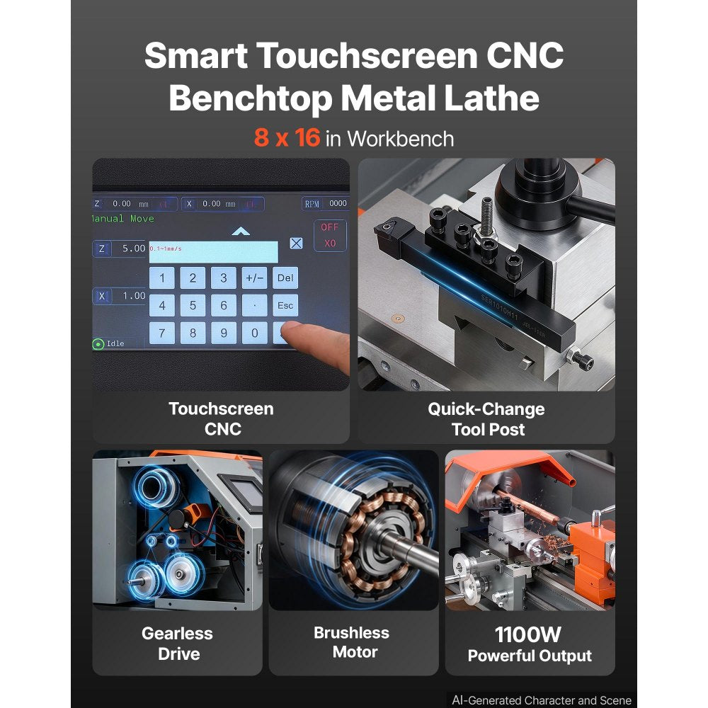 VEVOR Metal Lathe 8"x16" 1100W Benchtop CNC Metal Lathe Touchscreen Control, for Fully Automatic Metalworking Turning, Quick-Change Tool Post, Electronic Leadscrew Drive, Variable Speed 2500 RPM Max