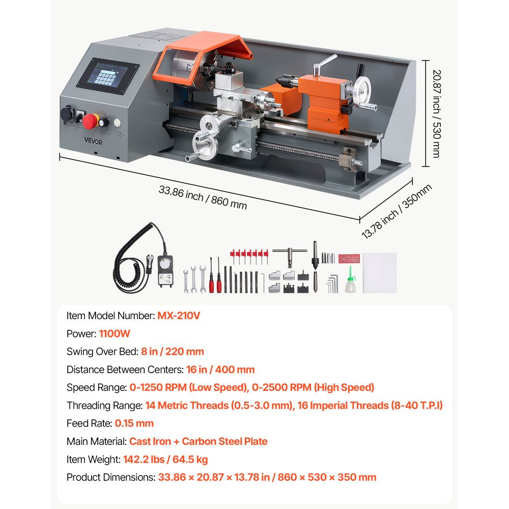 VEVOR Metal Lathe 8"x16" 1100W Benchtop CNC Metal Lathe Touchscreen Control, for Fully Automatic Metalworking Turning, Quick-Change Tool Post, Electronic Leadscrew Drive, Variable Speed 2500 RPM Max
