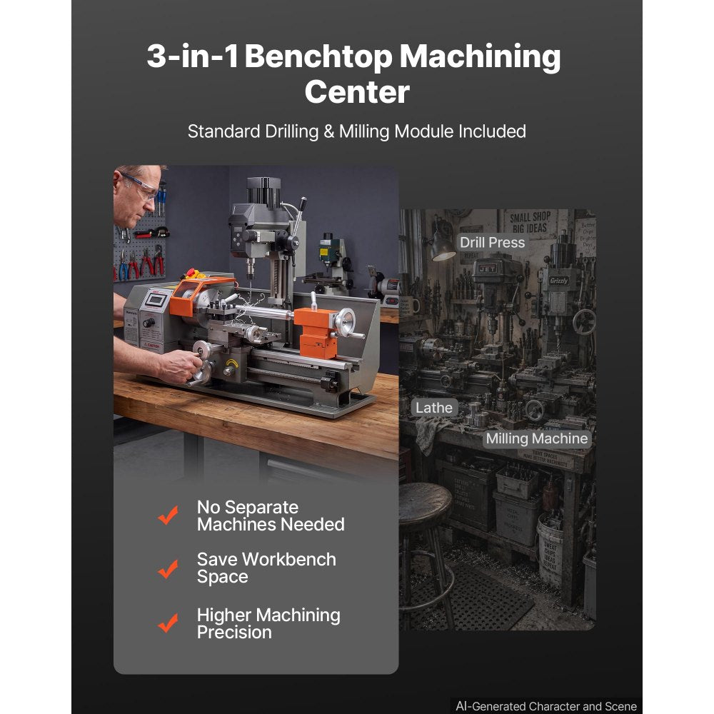 VEVOR Metal Lathe 8" x 16" 1100W Benchtop Multi-Purpose Lathe Machine, for Precision Metalworking Turning, Drilling & Milling Module, 3000 RPM Max Speed, Reversible Direction, with Metal Gears