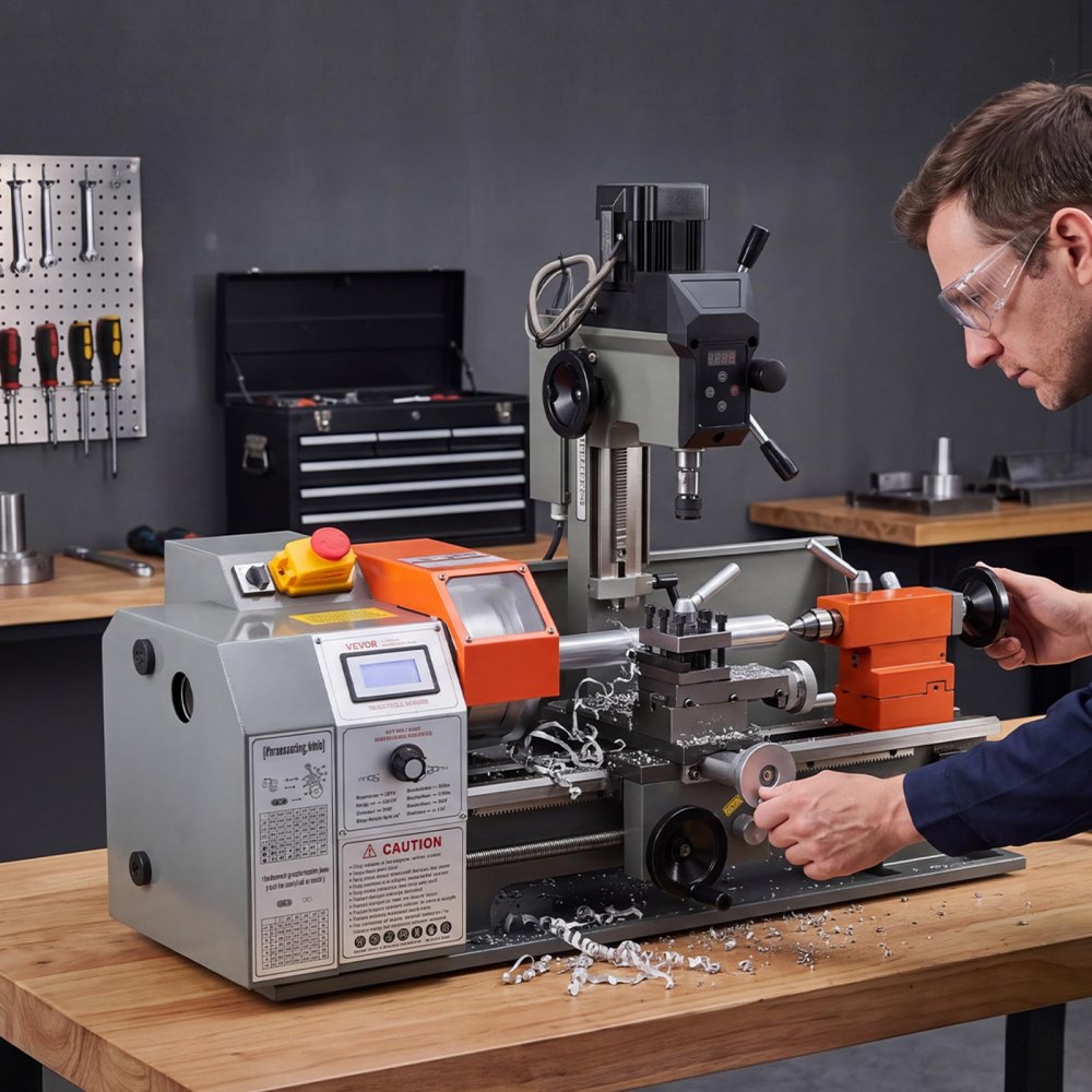 VEVOR Metal Lathe 8" x 16" 1100W Benchtop Multi-Purpose Lathe Machine, for Precision Metalworking Turning, Drilling & Milling Module, 3000 RPM Max Speed, Reversible Direction, with Metal Gears