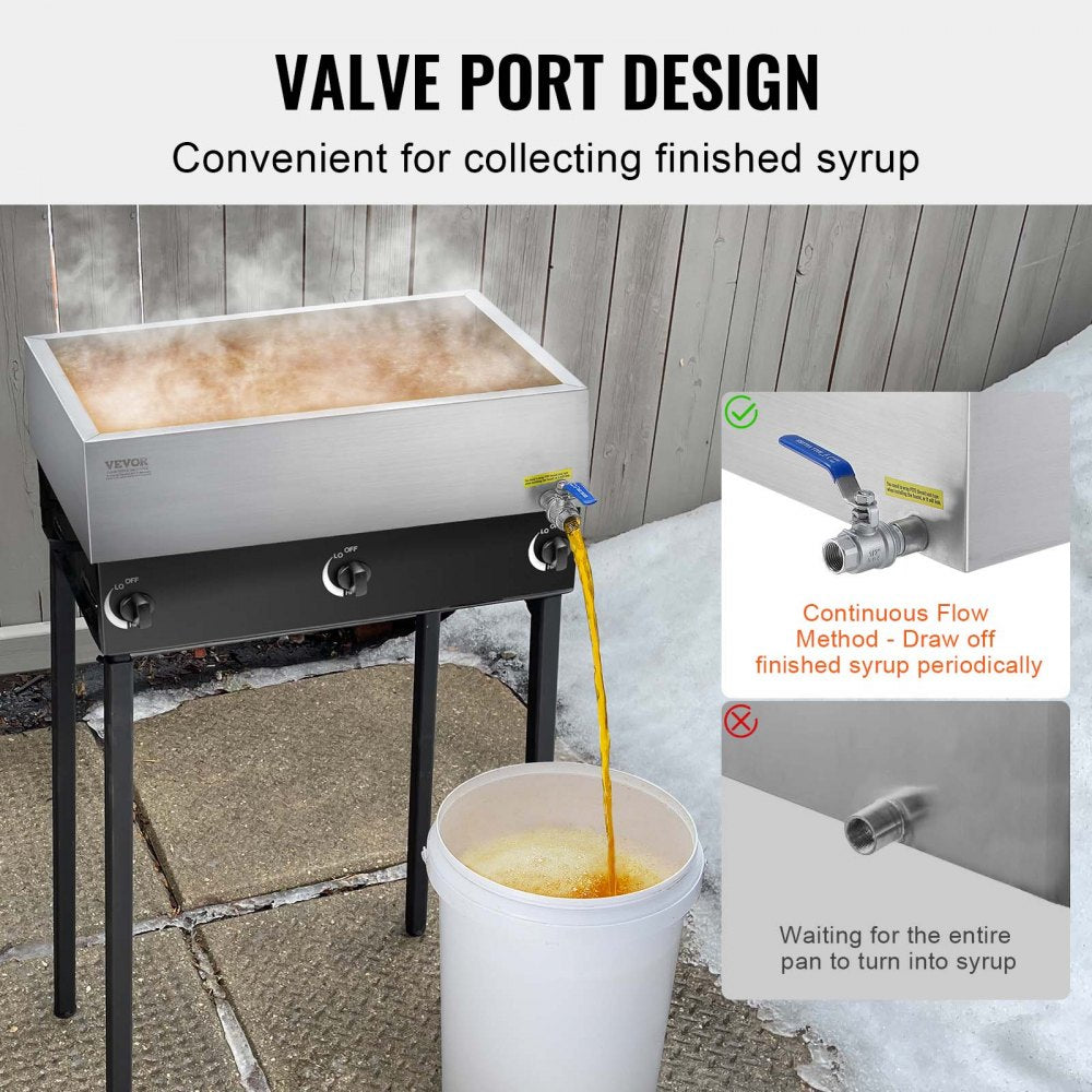 VEVOR Maple Syrup Evaporator Pan, 11.2 Gallon, 162 Cups of 8.8oz Maple Syrup, Flat Evaporator Pan with 1 Valve and 3 Heating Methods, Premium Stainless Steel Maple Syrup Pan for Home, Outdoor