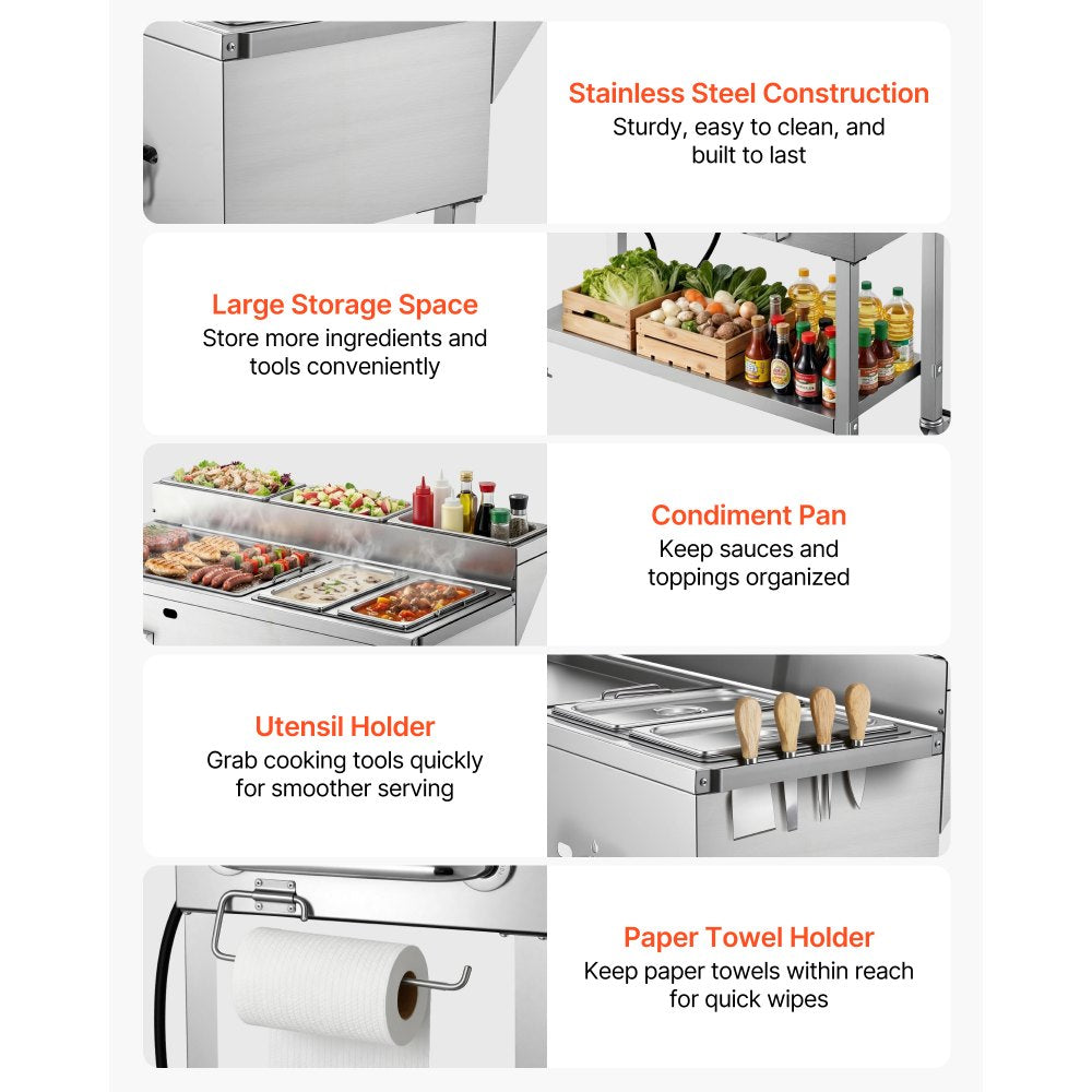 VEVOR Outdoor Propane Griddle, 3 Burners (11,600 BTU Each), Commercial Stainless Steel Griddle with Two 1/3 Size Food Warming Pans, Portable Cart with 4 Lockable Wheels, for Hot Dogs, Burgers & Meats