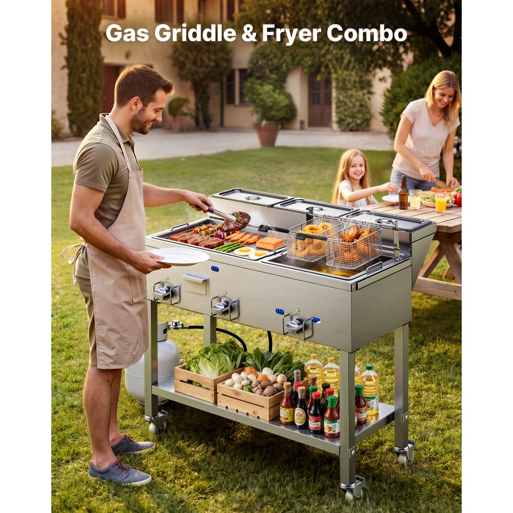 VEVOR Outdoor Propane Fryer & Griddle Combo, 3 Burners (11,600 BTU Each), Commercial Stainless Steel Frying Cart with Wheels, 2 Fryer Baskets & 3 Food Pans, for Hot Dogs, Fried Chicken, Fries, Meats