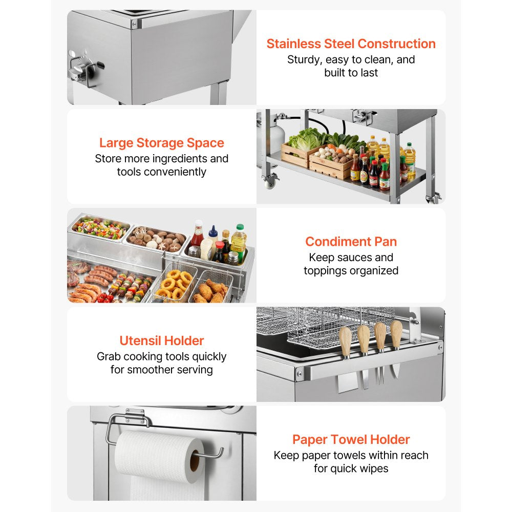VEVOR Outdoor Propane Fryer & Griddle Combo, 3 Burners (11,600 BTU Each), Commercial Stainless Steel Frying Cart with Wheels, 2 Fryer Baskets & 3 Food Pans, for Hot Dogs, Fried Chicken, Fries, Meats