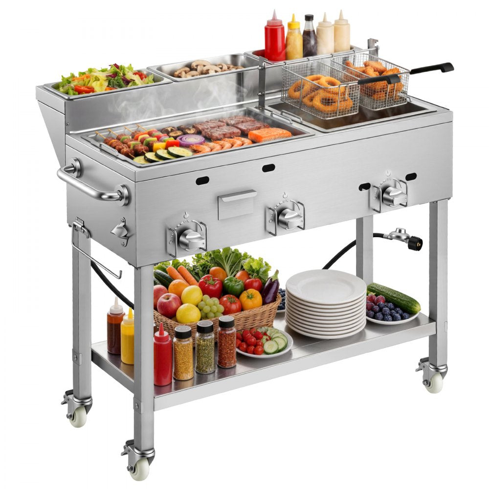 VEVOR Outdoor Propane Fryer & Griddle Combo, 3 Burners (11,600 BTU Each), Commercial Stainless Steel Frying Cart with Wheels, 2 Fryer Baskets & 3 Food Pans, for Hot Dogs, Fried Chicken, Fries, Meats