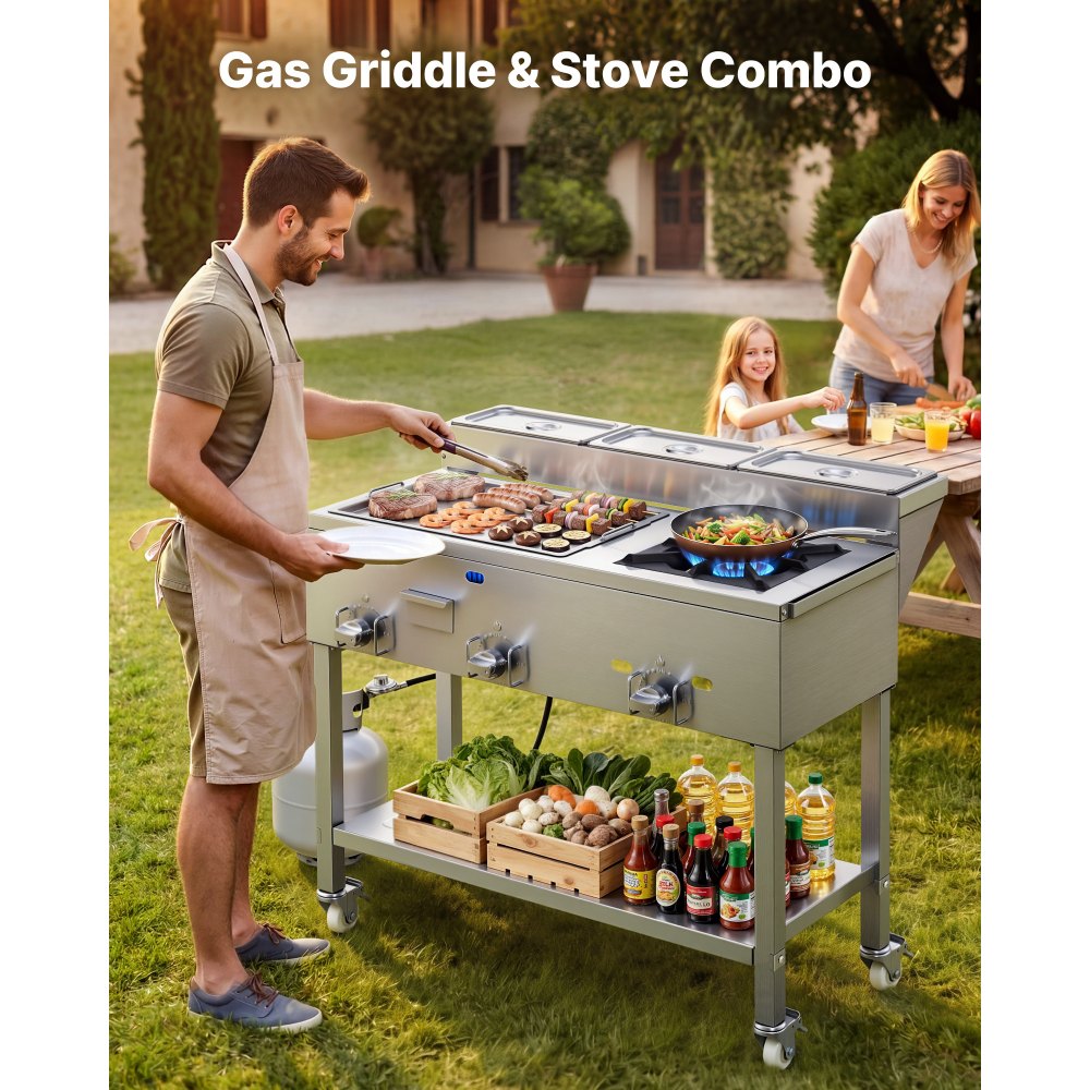 VEVOR Outdoor Propane Griddle, 3 Burners (11,600 BTU Each), Commercial Stainless Steel Griddle with Three 1/3 Size Food Pans, Portable Cart with Wheels & Gas Stove, for Hot Dogs, Burgers & Meats