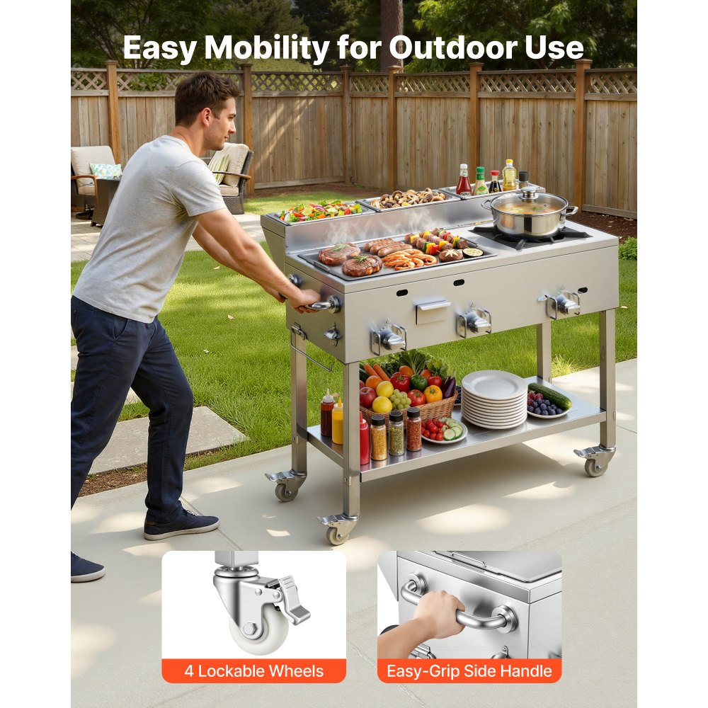 VEVOR Outdoor Propane Griddle, 3 Burners (11,600 BTU Each), Commercial Stainless Steel Griddle with Three 1/3 Size Food Pans, Portable Cart with Wheels & Gas Stove, for Hot Dogs, Burgers & Meats