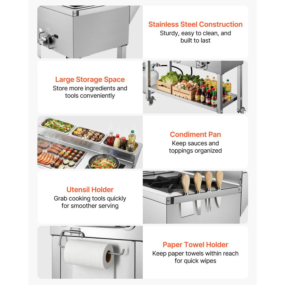 VEVOR Outdoor Propane Griddle, 3 Burners (11,600 BTU Each), Commercial Stainless Steel Griddle with Three 1/3 Size Food Pans, Portable Cart with Wheels & Gas Stove, for Hot Dogs, Burgers & Meats