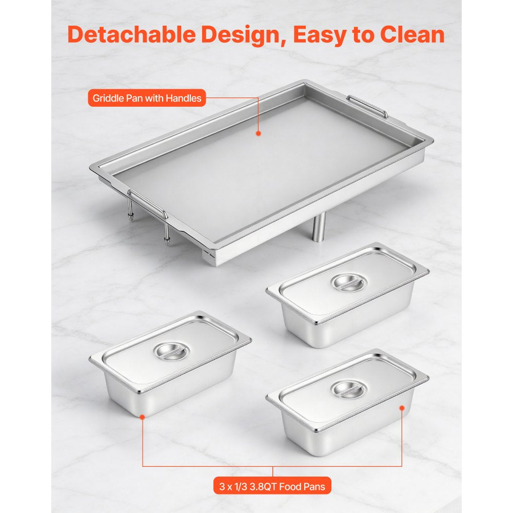 VEVOR Outdoor Propane Griddle, 3 Burners (11,600 BTU Each), Commercial Stainless Steel Griddle with Three 1/3 Size Food Pans, Portable Cart with Wheels & Gas Stove, for Hot Dogs, Burgers & Meats