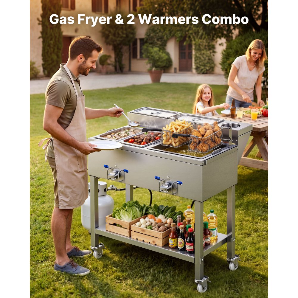 VEVOR Outdoor Propane Deep Fryer, 2 Burners (11,600 BTU Each), Commercial Fryer with Two 1/3 Size Food Warming Pans, Multi-Purpose Frying Cart with 4 Lockable Wheels, for Fried Chicken & Fries