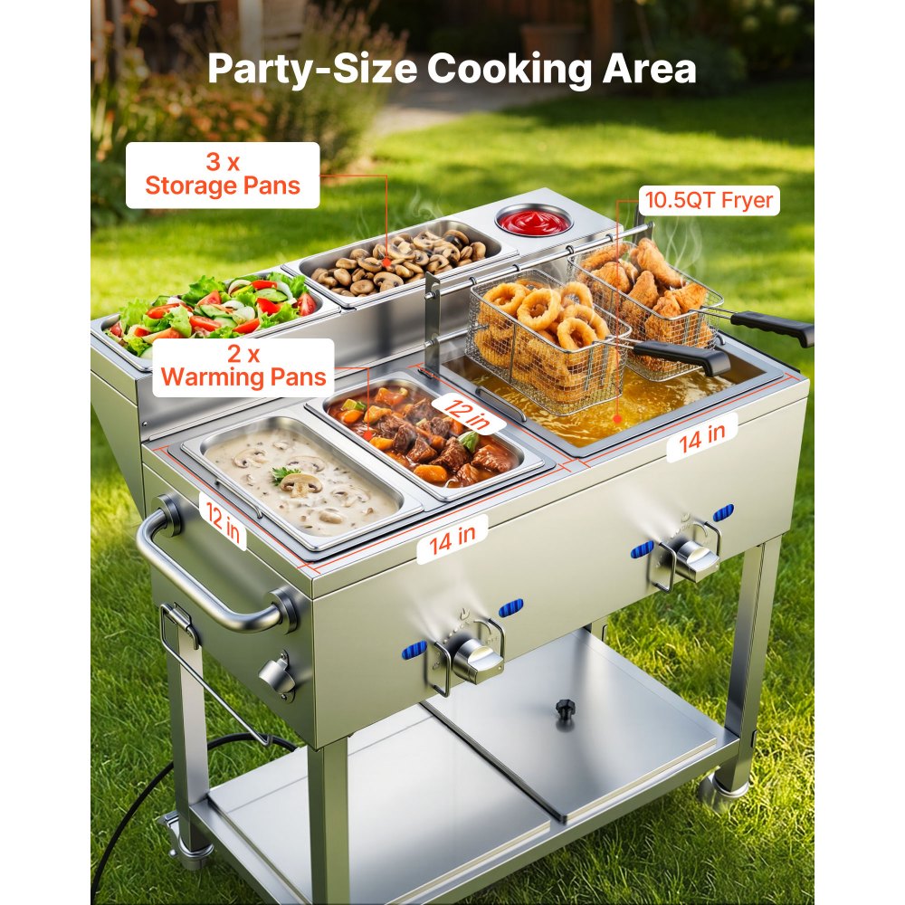 VEVOR Outdoor Propane Deep Fryer, 2 Burners (11,600 BTU Each), Commercial Fryer with Two 1/3 Size Food Warming Pans, Multi-Purpose Frying Cart with 4 Lockable Wheels, for Fried Chicken & Fries