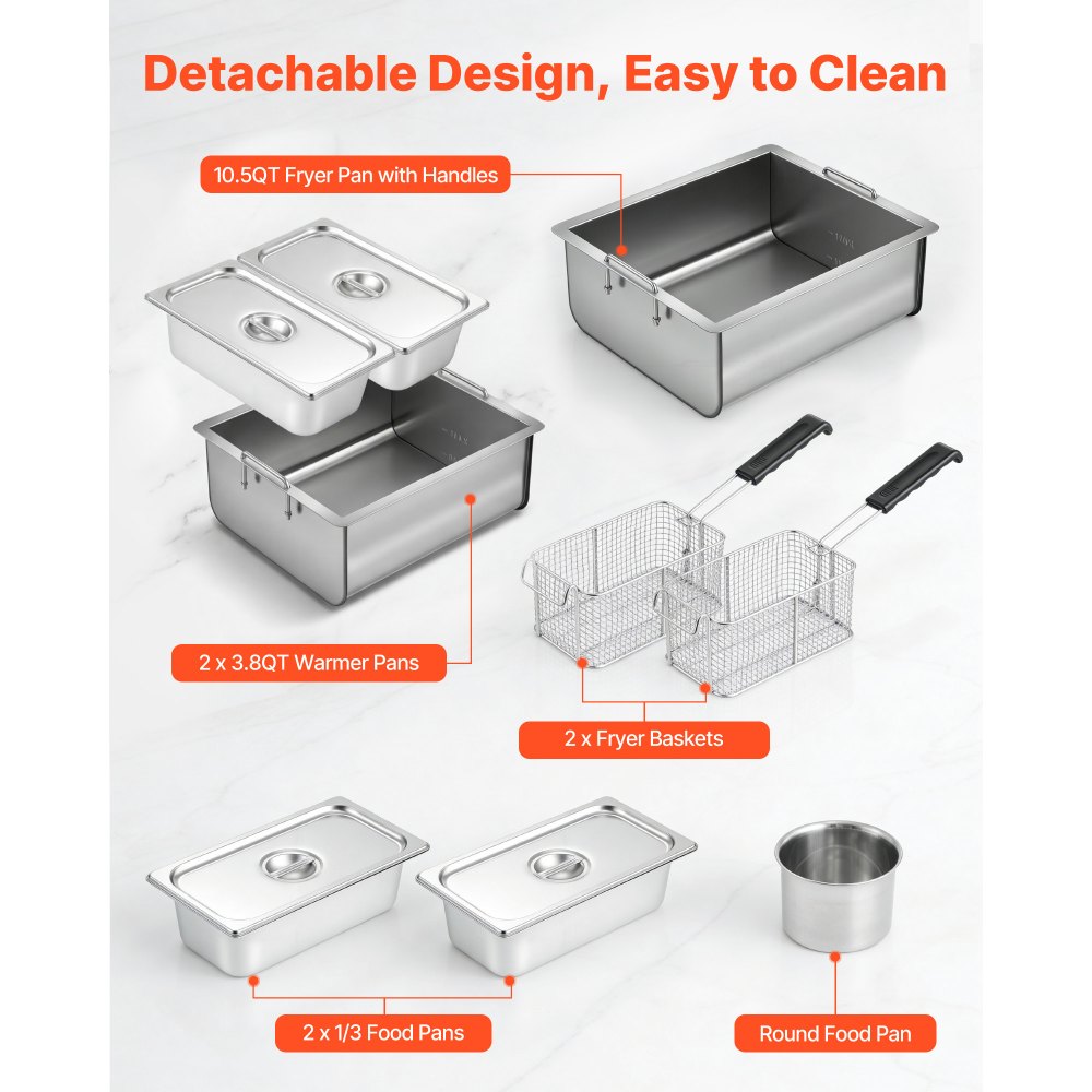VEVOR Outdoor Propane Deep Fryer, 2 Burners (11,600 BTU Each), Commercial Fryer with Two 1/3 Size Food Warming Pans, Multi-Purpose Frying Cart with 4 Lockable Wheels, for Fried Chicken & Fries