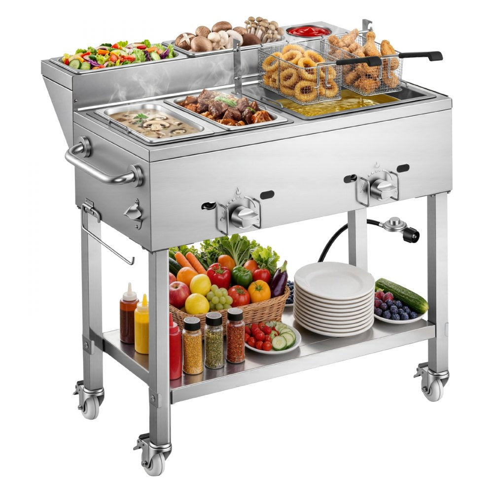 VEVOR Outdoor Propane Deep Fryer, 2 Burners (11,600 BTU Each), Commercial Fryer with Two 1/3 Size Food Warming Pans, Multi-Purpose Frying Cart with 4 Lockable Wheels, for Fried Chicken & Fries