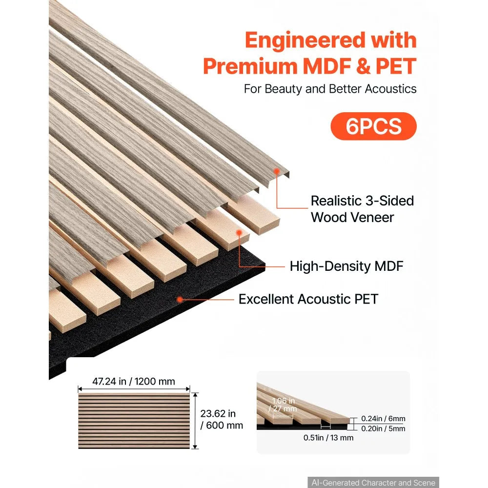 VEVOR Wood Wall Panels, 47.2 x 23.6 inches, Acoustic Slat Panels, Walnut, Sound Absorbing for Living Rooms, Bedrooms, Offices, Studios, Interior Wall Decor, MDF & PET Construction, Screw Kit, 6-Pack