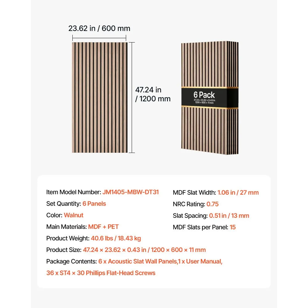 VEVOR Wood Wall Panels, 47.2 x 23.6 inches, Acoustic Slat Panels, Walnut, Sound Absorbing for Living Rooms, Bedrooms, Offices, Studios, Interior Wall Decor, MDF & PET Construction, Screw Kit, 6-Pack